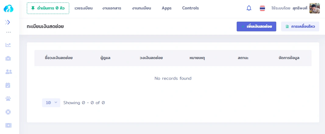หน้าทะเบียนเงินสดย่อยใน VetPresso แสดงตารางเปล่า ไม่มีข้อมูลเงินสดย่อย พร้อมปุ่มเพิ่มเงินสดย่อย